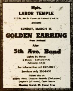 Golden Earring show ad Labor Temple shows March 15 1970